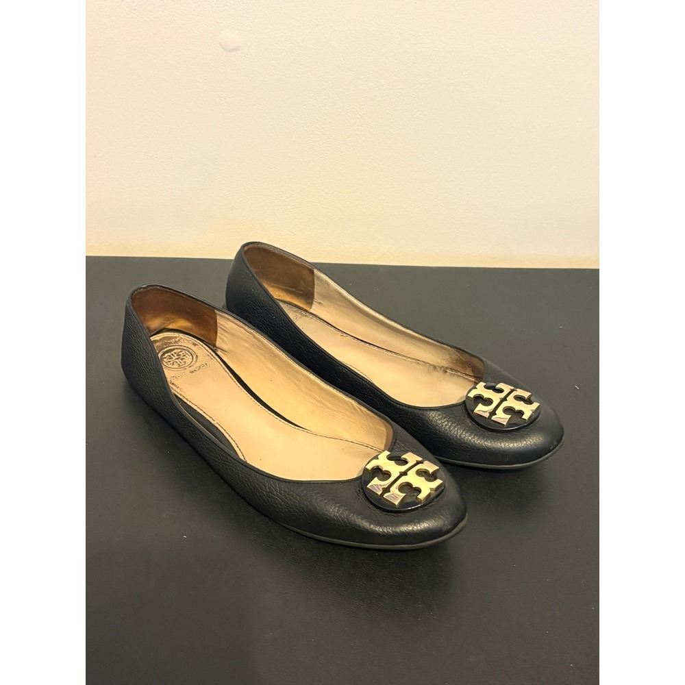 Tory Burch Claire Black Pebbled Leather Gold Logo Ballet Flats Size 10